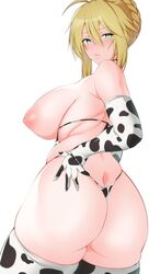 animal_print artoria_pendragon artoria_pendragon_(lancer) ass back bare_shoulders bikini blonde_hair braid breasts cow_print fate/grand_order fate_(series) female from_behind gloves green_eyes hair_between_eyes highres large_breasts looking_at_viewer looking_back nipples puffy_nipples short_hair sidelocks simple_background solo string_bikini swimsuit thighhighs thong thong_bikini uzura_kazuhisa white_background white_bikini white_gloves white_legwear