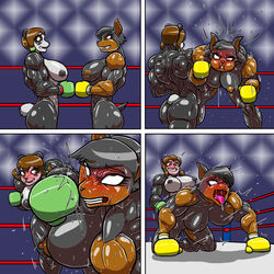 4_panel_comic allesey anthro anthro_only biceps big_breasts black_fur black_hair boxing boxing_gloves boxing_ring breasts brown_hair catfight cheek_punch comic competitive_intercourse fight furry gloves green_boxing_gloves green_gloves gut_punch muscles muscular muscular_female naked nipples nude punch ryona sexfight sharp_teeth showing_teeth tagme tail tongue tongue_out touch_gloves yellow_boxing_gloves yellow_gloves yuri