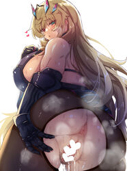 1girls anus ass back bangs bare_shoulders barghest_(gawain)_(fate) biceps black_dress blonde_hair blue_eyes breasts brown_legwear censored dress fate/grand_order fate_(series) female female_pubic_hair gauntlets heterochromia highres horns large_breasts long_hair looking_at_viewer looking_back muscular_female pantyhose parted_lips pelvic_curtain pubic_hair pussy pussy_juice red_eyes satou_(kuso-neet) sideboob single_gauntlet sweat thighs torn_clothes torn_legwear