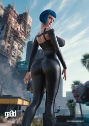 1girls 2021 3d ass big_ass big_breasts blue_hair breasts cgi cyberpunk cyberpunk_2077 evelyn_parker female_only light-skinned_female looking_at_viewer looking_back short_hair solo_female standing