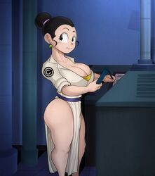 big_breasts black_eyes black_hair breasts bun capsule_corporation_logo chichi cleavage clothed clothes detnox dragon_ball earrings female female_only green_earrings hair_bun laboratory looking_to_the_side solo_female thick_thighs thighs