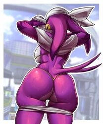 anthro ass avian bandana beak big_butt bird bottomwear bra breasts bubble_butt clothed clothing clothing_lift conditional_dnp feathers female hat headgear headwear hi_res hirundinid kerchief non-mammal_breasts oscine pants pants_down partially_clothed passerine purple_body purple_feathers rear_view sega shirt shirt_lift side_boob skimpy solo sonic_(series) sonic_riders standing swallow_(bird) t-shirt tail_feathers thick_thighs thigh_gap thong topwear underwear wave_the_swallow wet wide_hips xopachi