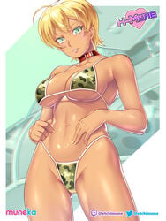 1girls 2021 abs artist_name belly big_breasts bikini bikini_bottom bikini_top blonde_hair breasts cleavage collar covered_nipples covered_pussy dark-skinned_female dark_skin etchimune female female_focus female_only green_eyes looking_at_viewer mito_ikumi navel red_collar shiny_skin shokugeki_no_souma short_hair simple_background solo solo_female solo_focus standing twitter_username very_short_hair