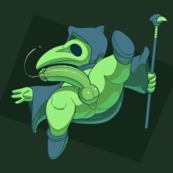 1boy 4_fingers abstract_background absurd_res animal_mask anthro ass balls beak_mask clothed clothing cum cumshot gemsum gemsundraws genitals green_background green_body green_skin hi_res holding_object humanoid humanoid_penis long_penis male_only penis plague_doctor plague_knight shovel_knight solo solo_male thick_penis thick_thighs yacht_club_games