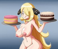 1girls aladeen alternate_breast_size big_breasts blonde_hair breasts cake cynthia_(pokemon) female food grey_eyes hair_over_one_eye holding holding_cake holding_food holding_object light_skin long_hair looking_at_viewer naked nintendo nipples nude pokemon pokemon_dppt solo tongue_out