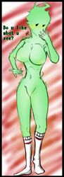 big_breasts blush breasts english_text flirting_with_viewer fuku_fire full_body hourglass_figure looking_at_viewer monster_girl naked socks text undertale