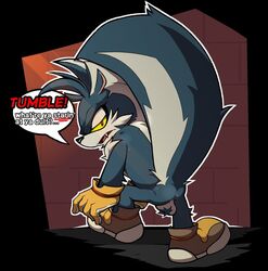 angry anthro ass balls biped black_and_white_fur black_body black_fur bleatking boots clothing english_text footwear fur genitals gloves handwear hi_res idw_comics idw_publishing male mammal mephitid mobian_(species) rough_the_skunk sega skunk solo sonic_(series) sonic_the_hedgehog_(comics) sonic_the_hedgehog_(idw) sonic_the_hedgehog_(series) text toony yellow_eyes