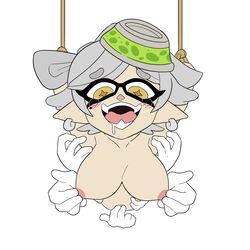 blush bondage breasts drooling earrings floating_hands grey_hair hat marie_(splatoon) mole_under_eye nintendo pointy_ears splatoon tadashibaka tears tickling topless topless_female upper_body