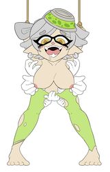 barefoot blush bondage breasts drooling earrings feet floating_hands grey_hair hat leggings marie_(splatoon) mole_under_eye nintendo pointy_ears splatoon tadashibaka tears tickling toes topless topless_female torn_legwear upper_body