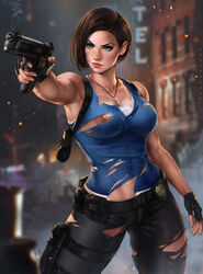 1girls abs action_pose badge belt big_breasts blue_eyes breasts breasts_out brown_hair capcom clothed clothing damaged damaged_clothes dandon_fuga female female_focus female_only fingerless_gloves firearm fit fit_female gloves gun handgun hi_res holding_gun holding_weapon jill_valentine jill_valentine_(sasha_zotova) large_breasts navel necklace nipples one_breast_out pants pointing_gun public resident_evil resident_evil_3 resident_evil_3_remake shirt short_hair solo solo_female solo_focus toned toned_female torn_clothes torn_clothing torn_pants torn_shirt weapon