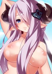 :< arm_behind_head arm_up blue_background blue_eyes breasts close-up closed_mouth collarbone draph female granblue_fantasy hair_ornament hair_over_one_eye hairclip horns large_breasts narmaya_(granblue_fantasy) nipples nude pink_hair pink_lips pointy_ears simple_background single_horn solo upper_body uzura_kazuhisa