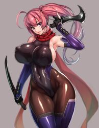 1girls ahoge bare_shoulders bodysuit dual_wielding female huge_breasts impossible_clothes kunoichi leotard long_hair looking_at_viewer ninja original pink_hair ponytail purple_hair rindou_(radical_dream) scarf sideboob skin_tight smile solo sword weapon