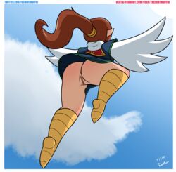 1girls anus ass avian_humanoid back back_view below_view bird bottomless_skirt brown_hair clitoris clothed cloud female female_only flying hi_res humanoid large_ass medli pointy_ears ponytail pussy scarf simple_background skirt solo the_legend_of_zelda theidiotmuffin white_feathers wide_hips wind_waker wings