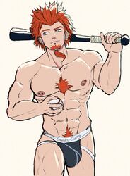 1boy 2020 abs areola areolae bara baseball baseball_(ball) baseball_bat baseball_player beard biceps big_muscles big_penis blank_background blue_eyes blue_jockstrap blue_underwear body_hair bulge chest chest_hair chest_tuft chin_piercing danganronpa danganronpa:_trigger_happy_havoc ear_piercing earrings eight_pack eyes facial_hair ginger ginger_hair goatee grey_eyes holding_object human human_only jockstrap jockstrap_only kuwata_leon light-skinned_male light_skin looking_at_viewer looking_away male male_focus male_nipples male_only male_pubic_hair monochrome_background muscle muscles muscular muscular_male muscular_thighs nipple_piercing nipples orange_hair orange_pubes orange_pubic_hair pale-skinned_male pale_skin pecs pectorals pierced_ears pierced_nipples piercing piercings pubes pubic_hair red_hair snaughty_skull solo solo_focus solo_male source_request spiked_hair spiky_hair standing tongue_out tongue_piercing topless underwear underwear_only white_skin