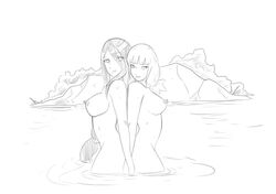 2girls back_to_back blunt_bangs blush boruto:_naruto_next_generations breasts female_only holding_hands hyuuga_hanabi kazamatsuri_moegi long_hair looking_at_another looking_at_partner mattwilson83 monochrome multiple_girls naked naruto naruto_(series) nipples ocean outdoors partially_submerged ponytail sideboob sketch standing tied_hair twintails water yuri