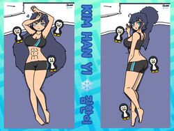 1girls abs alternate_version_available asian ass blue_eyes body_pillow_design dark_blue_hair full_body gym_clothes gym_shorts gym_uniform kim_han_yi_(writers_crusaders) korean laying_down laying_on_bed long_hair penguin pillow plushie ponytail solo solo_female tall_female thick_ass thick_thighs wcjuan writers_crusaders