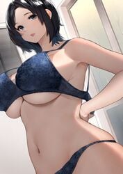 1girls big_breasts black_hair blue_eyes blush bra breasts female female_only indoors large_breasts lingerie looking_at_viewer mature_female milf navel original panties sakuranotomoruhie short_hair underwear undressing wife