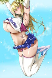 1girls armpit armpit_pussy arms_up belly big_breasts blonde_hair blue_miniskirt blue_skirt blush breasts cheerleader cheerleader_uniform curvy earrings female female_focus female_only gyaru hairclip huge_breasts jump jumping legwear long_hair looking_at_viewer micro_bikini micro_bikini_top midriff miniskirt navel original original_character plump purple_bikini purple_bikini_bottom purple_bikini_top shoes sideboob skirt smile smiling solo solo_female solo_focus stem_(roam) thick_thighs thighs underboob white_legwear zettai_ryouiki