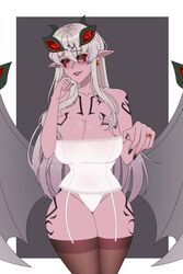 1girls bare_shoulders bare_thighs black_nails black_sclera bride bustier cleavage collarbone cryptid_crab demon_girl druella earrings garter_straps grey_hair grin huge_breasts lingerie lips long_hair looking_at_viewer monster_girl monster_girl_encyclopedia nail_polish panties pointy_ears purple_skin reaching_out red_eyes ring smile solo solo_female succubus thick_thighs thighhighs wedding_ring white_panties wide_hips