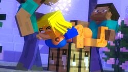 1girls 2boys 3d big_breasts blonde_hair character commission crafting_table female female_only filogir human mine-imator minecraft night no_panties oral_penetration outside steve_(minecraft) tagme vaginal_penetration