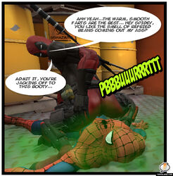 deadpool english_text fart fart_cloud fart_fetish farting farting_in_face gas green_cloud male_only marvel peter_parker spider-man spider-man_(series) text