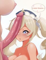 1futa 1girls balls barbara_(genshin_impact) belly big_breasts big_penis breasts dialogue duo erection female full-package_futanari futa_on_female futanari genshin_impact heart-shaped_pupils human kuuhakumori light-skinned_female light-skinned_futanari light_skin long_hair nun pale_skin penis penis_awe rosaria_(genshin_impact) standing text text_bubble