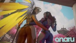 2girls 3d anaru animated big_ass bubble_butt clothed clothed_female clothing d.va facing_away_from_viewer female_only mercy outdoors outside overwatch sound tagme twerking video