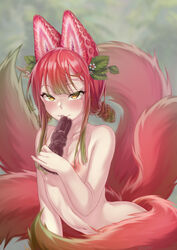 5_tails areolae belly_button biting blurred_background buns chocolate female flower flower_in_hair food freckles green_fur green_hair hi_res leaning_forward leaves leaves_in_hair licking looking_at_viewer nipples nude nude_female ombre_hair pale-skinned_female pale_skin pink_hair red_fur red_tail shen_art solo_female strawberry tail yellow_eyes