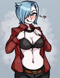 belly_button belt belt_buckle black_bra blue_hair blush bra chiebukuro_setsuka cleavage clothed danganronpa danganronpa_another fanganronpa flashing hair_over_one_eye heart hourglass_figure large_breasts purple_eyes raydeluxxxe red_coat sdra2 shirt_collar straight_hair super_danganronpa_another_2 tongue_out