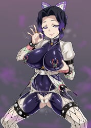 alternate_costume big_breasts black_hair bodysuit butterfly_hair_ornament corruption demon_slayer dripping_pussy fellatio_gesture female female_only gesture gozaru grabbing_own_breast half_squat kimetsu_no_yaiba kochou_shinobu looking_at_viewer nipple_piercing open_clothes pierced_nipples pierced_through_clothes purple_eyes revealing_clothes rubber_suit smile solo two_tone_hair wet_pussy