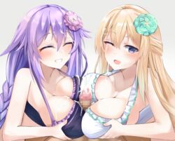 1boy 2girls big_breasts bimmy blonde_hair blue_eyes boobjob censored choujigen_game_neptune dark-skinned_male dark_skin ejaculation eyes_closed ffm_threesome flower green_heart interracial light-skinned_female light_skin mouth_open neptune_(neptunia) neptunia_(series) paizuri purple_heart_(neptunia) semen swimsuit swimwear tagme teeth threesome twin_braids vert