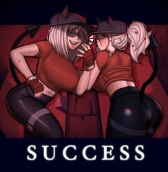 2girls ass big_ass big_breasts breasts female female_only helltaker jojo_reference justice_(helltaker) kevbot large_breasts modeus_(helltaker) police police_hat straight_hair sunglasses tinted_eyewear