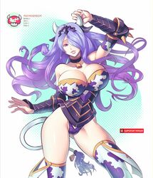 1girls bare_thighs big_breasts breasts camilla_(fire_emblem) cleavage cow_accoutrements cow_girl cow_print female female_only fire_emblem fire_emblem_fates huge_breasts large_breasts looking_at_viewer moo-mooshroom nintendo panties power_up purple_panties solo supersatanson thighhighs