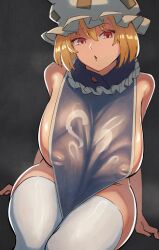 1girls 2d bare_shoulders big_breasts blonde_hair breasts busty dessa_(artist) female female_only hat hips horny inverted_nipples looking_at_viewer mostly_nude naked_tabard nipple_bulge open_mouth ran_yakumo red_eyes short_hair sitting solo source tabard thick_hips thick_thighs thighhighs thighs touhou voluptuous