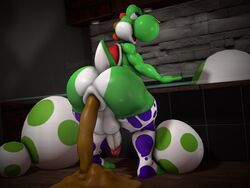 3d_(artwork) anthro anus ass balls big_butt clothing digital_media_(artwork) dinosaur facial_piercing fat feces genitals girly green_yoshi hi_res huge_butt inside legwear looking_back male mario_(series) nintendo nose_piercing nose_ring open_mouth penis piercing reptile scalie scat solo source_filmmaker stockings supeario video_games yoshi