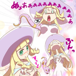 1:1 1girls 2021 aphrodisiac aroused bare_arms bare_shoulders biting blonde_hair blush braid breast_biting breast_grab breasts clenched_teeth clothed clothes_grab clothing dress ekans female green_eyes hat heart highres human lillie_(pokemon) long_hair looking_at_another medium_breasts microsd_(artist) nintendo open_mouth poisoned pokémon_(species) pokemon pokemon_sm purple_body scared screaming skull smile snake speech_bubble spoken_skull standing sun_hat tearing_clothes teeth through_clothes tongue torn_clothes white_clothing yellow_sclera