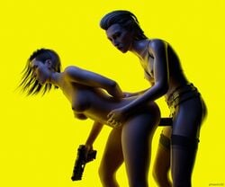 2girls 3d blender blonde_hair brown_hair cd_projekt_red cyberpunk_2077 doggy_style dominant_female female firearm from_behind gun handgun human lesbian light-skinned_female medium_ass medium_breasts medium_hair meredith_stout multitasking phoenix3d pinup short_hair strap-on v_(cyberpunk_2077) valerie_(cyberpunk_2077) weapon yuri