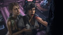 1boy 2girls 3d big_penis black_hair breast_grab brown_hair call_of_duty catgirl gloves handjob helmet imminent_oral looking_up mara_(cod) metal_gear_solid metal_gear_solid_v pokedudesfm quiet_(metal_gear) tongue_out