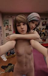 2girls 3d aloprox bedroom chloe's_bedroom chloe_price hugging_from_behind lesbian life_is_strange max_caulfield messy_room naked selfie shaved_pussy small_breasts yuri