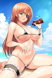 absurdres bangs bare_legs barefoot beach bikini black_bikini blue_sky bottle breasts brown_hair cleavage commission day eyebrows_visible_through_hair eyepatch female green_eyes halter_top halterneck hand_on_own_stomach hand_up highres holding holding_bottle large_breasts leg_garter lillly long_hair looking_at_viewer lotion lotion_bottle micro_bikini navel open_mouth original outdoors sitting sky solo stomach string_bikini swimsuit underboob very_long_hair wet