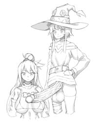 1futa 1girls aqua_(konosuba) balls big_balls big_breasts clothed clothing duo female futa_on_female futanari huge_cock human kono_subarashii_sekai_ni_shukufuku_wo! large_breasts large_penis makinakid megumin monochrome mostly_nude partially_clothed penis penis_awe standing tagme veiny_penis