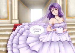 1girls blush braid braided_hair breasts bridal_veil bride cleavage dress fault_milestone female gown holding_dress long_dress looking_at_viewer necklace pink_eyes purple_hair ritona_reighnvhasta smile smiling smiling_at_viewer solo speaking_to_viewer speech_bubble stairs veil wedding_dress white_dress