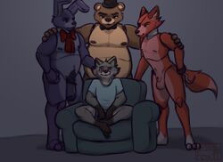 4boys animal_genitalia animal_penis anthro balls blush bonnie_(fnaf) bow_tie canid canine canine_penis clothing eye_patch eyewear five_nights_at_freddy's fox foxy_(fnaf) freddy_(fnaf) gay genitals group hat headgear headwear hi_res hook hook_hand humanoid_genitalia humanoid_penis imminent_gangbang imminent_sex lagomorph leporid living_machine looking_at_another male male/male male_only mammal marco_(marcofox) marcofox meme nervous nude penis piper_perri_surrounded pubes rabbit sheath sitting sofa standing ursid video_games