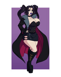 1girls before_and_after black_hair boots brain_drain breasts corset female goth grey_eyes high_heel_boots high_heels hips hourglass_figure huge_breasts looking_at_viewer platform_heels plump_lips purple_lips sequence skirt spiralingstaircase thick_lips twintails wide_hips