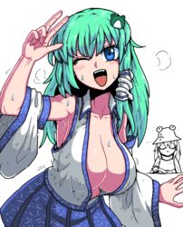 blue_eyes cleavage formicid green_hair large_breasts sanae_kochiya sharp_teeth shrine_maiden snake_hair_ornament suwako_moriya sweat tagme touhou wink