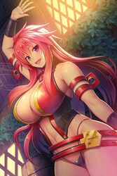 1girls belt breasts cleavage female hand_up large_breasts long_hair looking_at_viewer navel official_art open_mouth panties pink_eyes queen's_blade red_hair revealing_clothes risty solo tan underwear vambraces