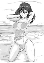 beach holding_hair looking_at_viewer my_hero_academia on_knees panties sudoname swimsuit tokage_setsuna wet wet_clothes wet_swimsuit