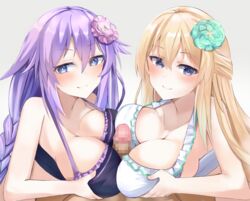 1boy 2girls bimmy blonde_hair blue_eyes blush boobjob breasts censored choujigen_game_neptune cpu_(neptunia) dark-skinned_male dark_skin ffm_threesome flower_in_hair goddess interracial light-skinned_female light_skin neptune_(neptunia) neptunia_(series) penis power_symbol-shaped_pupils purple_hair purple_heart_(neptunia) swimsuit tagme threesome twin_braids vert