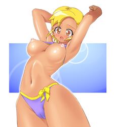 abs angol_mois arms_up belly big_breasts bikini bikini_lift bikini_top blonde_hair blush breasts breasts_out cameltoe clothing embarrassed erect_nipples female hairclip keroro keroro_gunsou large_breasts navel nipple nipples open_clothes open_mouth pink_nipples ribcage ribs standing surprised swimsuit tan tanned topless underboob wardrobe_malfunction