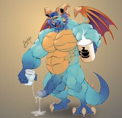 anthro arkanoego balls big_penis claws cum cum_on_ground cup dragon facial_piercing gavin_(spyro) horn male male_only muscular nose_piercing nose_ring penis piercing solo spyro_reignited_trilogy spyro_the_dragon video_games wings